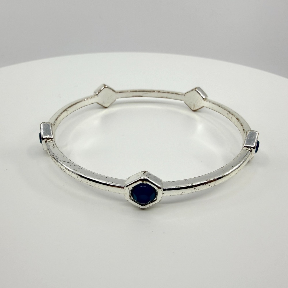 Vintage Silver Tone Bangle Bracelet 5 Blue Hexagon Set Stones Geometric Boho 90s